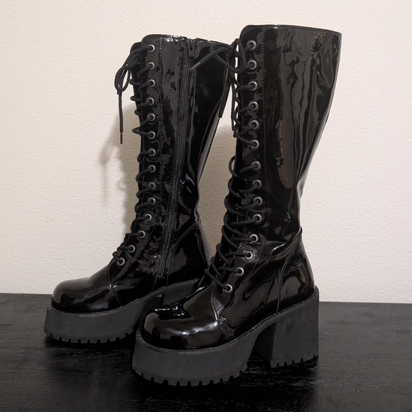 UNIF Shoes - Unif Trinity Platform Black Patent Leather Lace-Up Combat Mid Calf Boot size 8